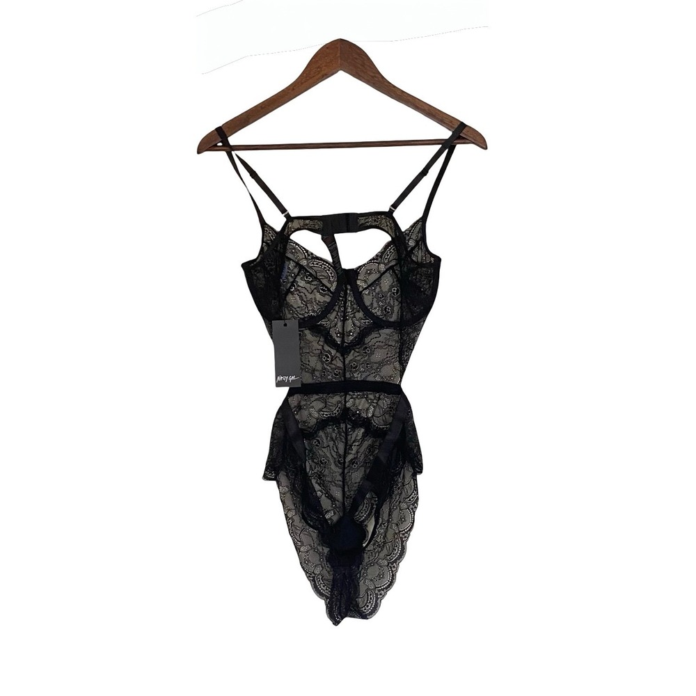 Nasty Gal Black Floral Lace Underwire Bodysuit Cutout Lingerie New Large - Picture 2 of 9